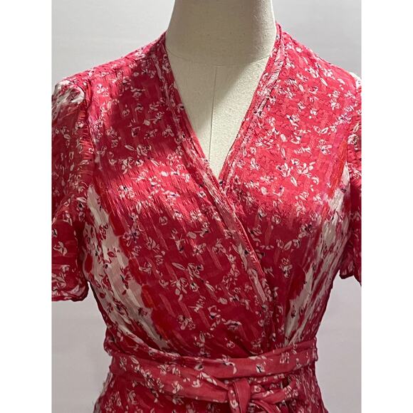 TANYA TAYLOR Blaire Floral‎ Silk Midi Dress Dress Ditsy Red Stripe Guava Pink  6 - Picture 4 of 12